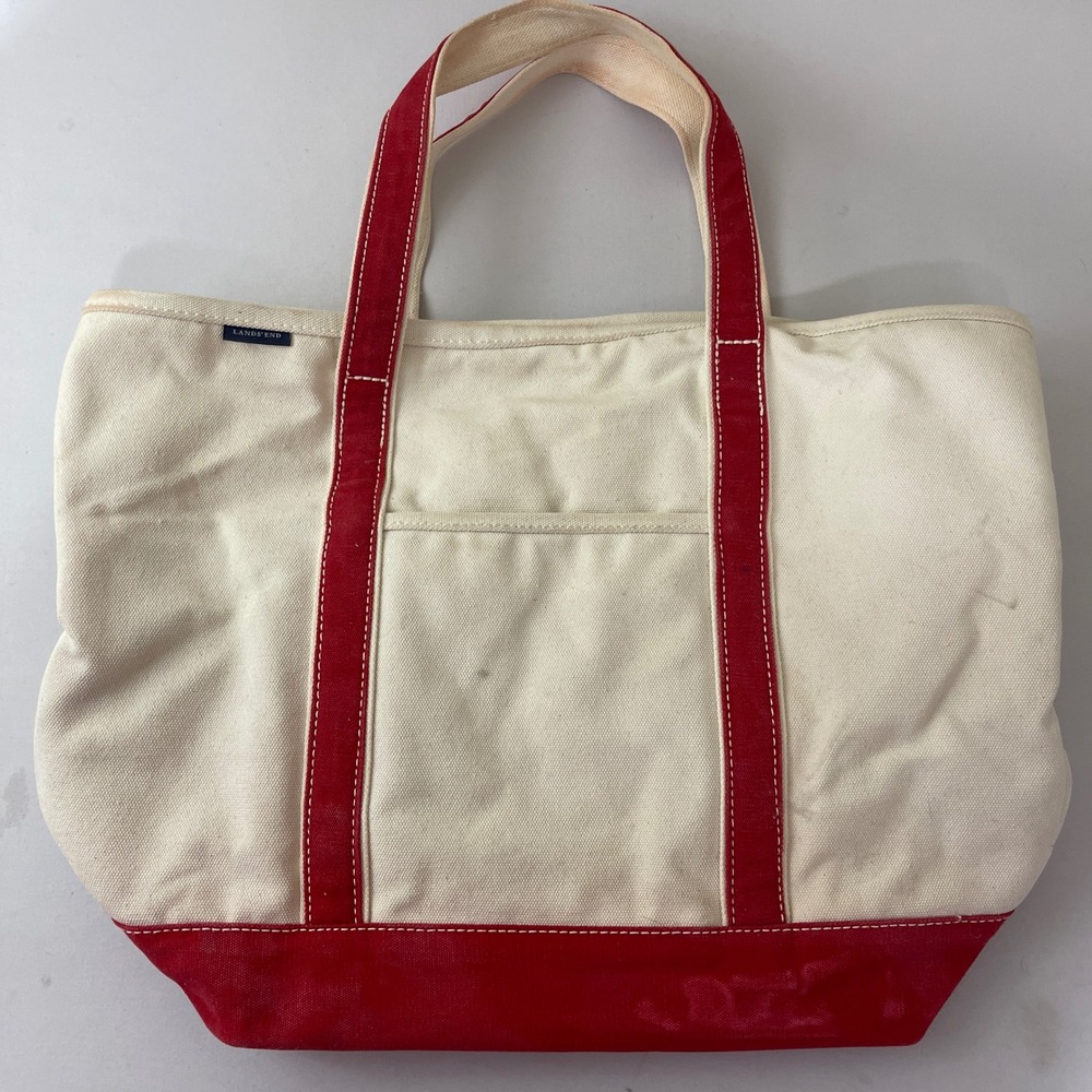 Vintage Lands‎ End Boat Tote Canvas Bag Red Handles Large XL Beach Travel